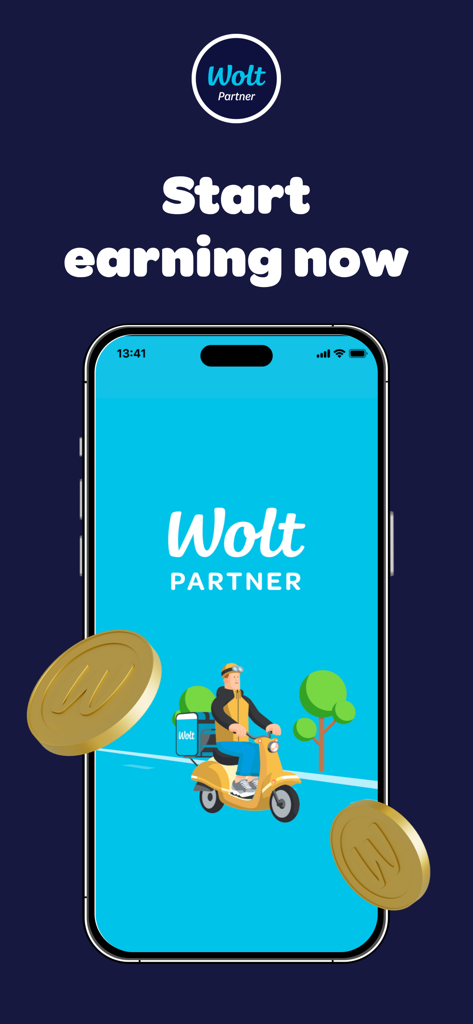 Wolt Courier Partner app display showing a delivery person on a scooter with the text Start earning now