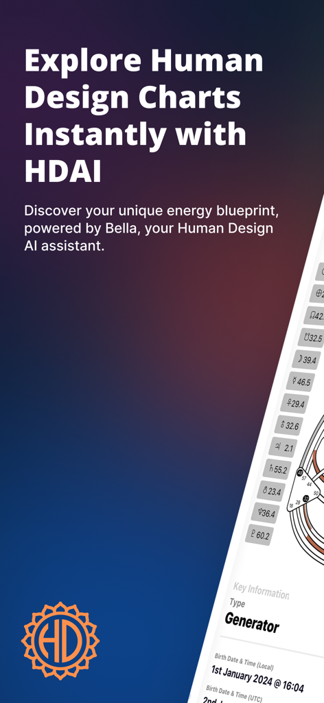 HumanDesign.ai - HumanDesign.ai app screen showing a human design chart and AI assistant.