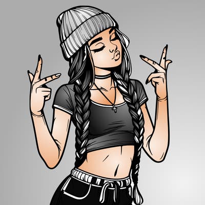 realistic teenage girl with braids and a beanie and crop top doing 🫶🏼