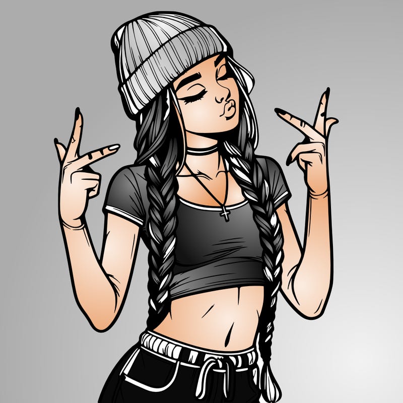 realistic teenage girl with braids and a beanie and crop top doing 🫶🏼