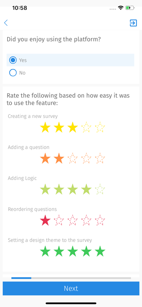QuestionPro - Offline Surveys - Écran d'enquête de l'application mobile QuestionPro montrant des questions à choix multiples et des évaluations par étoiles pour les commentaires des utilisateurs.