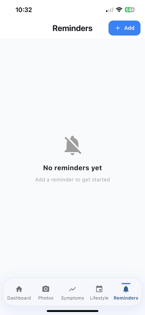 Empty reminders screen in the Zeema eczema tracker app with an add button to schedule skin care routines