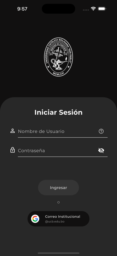 Schermata di accesso dell'app universitaria UCB Movil con interfaccia in modalità scura e accesso tramite email istituzionale.
