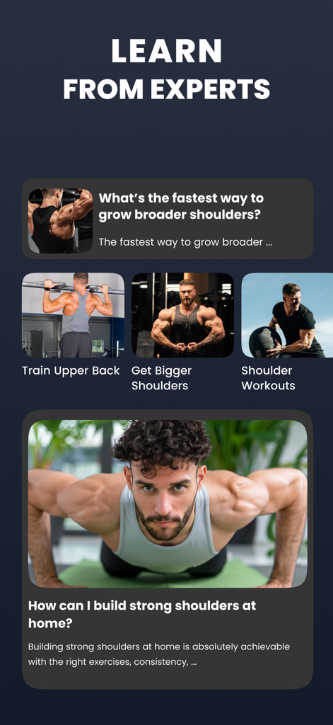 A screen from the Shoulder Workout app showing expert articles and tips for building stronger shoulders at home.