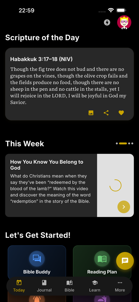 Bible Study Buddy - Pantalla de inicio de la aplicación Bible Study Buddy que muestra la Escritura del Día y herramientas de estudio diarias