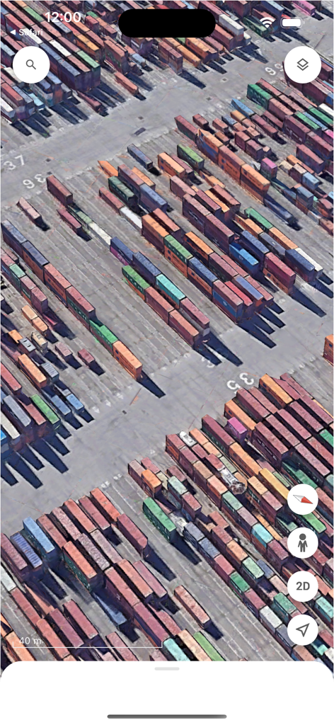 High resolution 3D satellite view of colorful shipping containers at a port in Google Earth