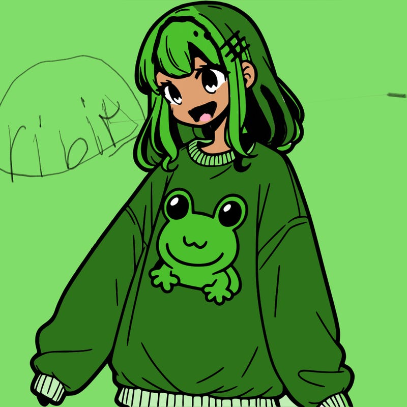 girl wearing frogging sweatshirt