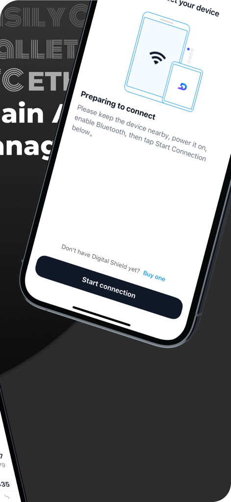 Smartphone screen showing the Bluetooth pairing process between the Digital Shield app and a hardware crypto wallet.