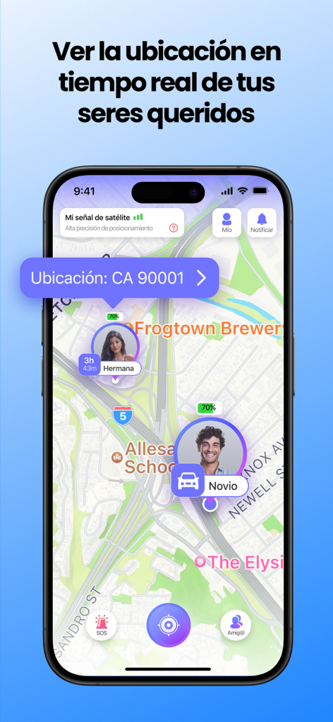 Interfaz de la aplicación LookNum mostrando el rastreo de ubicación GPS en tiempo real de los miembros de la familia en un mapa