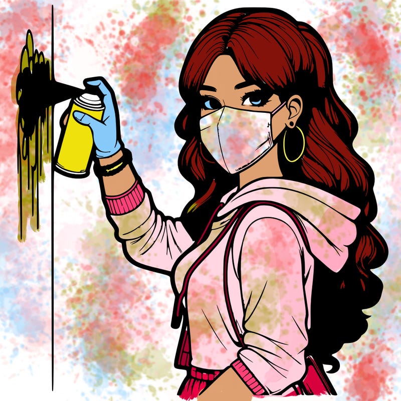 realistic girl with mask spray painting a wall