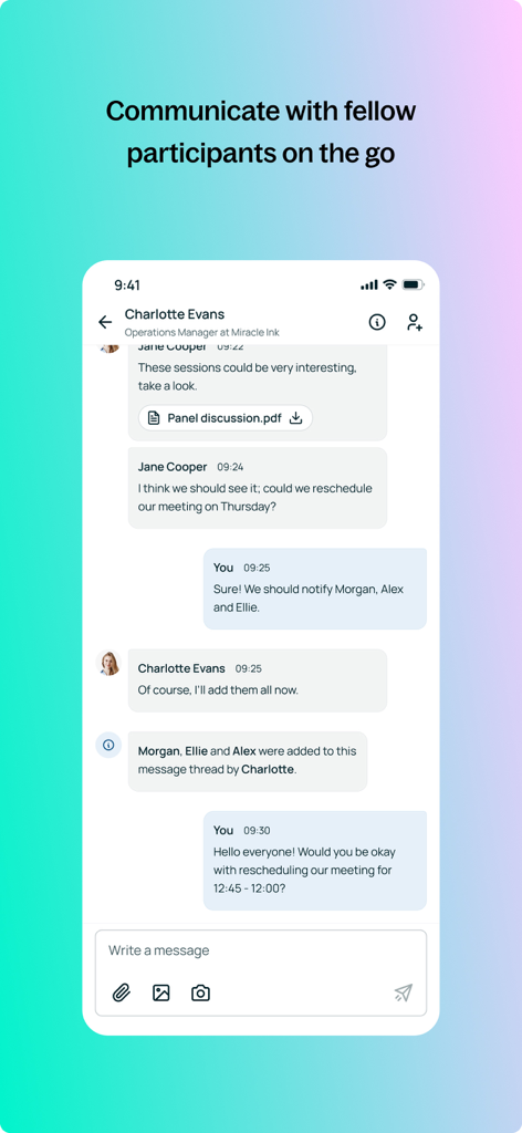 In-app chat interface of b2match showing real-time communication and file sharing between event participants