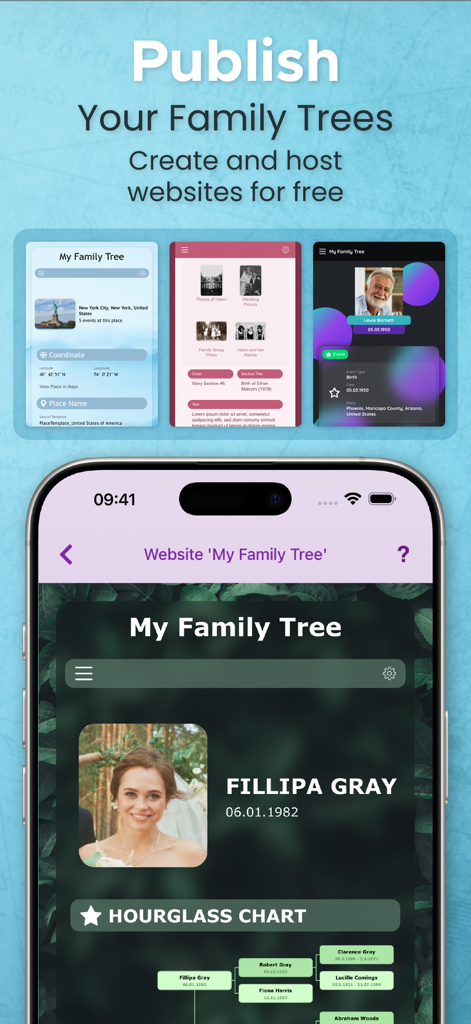 Oberfläche der MobileFamilyTree 11 App, die die Funktion zur Erstellung und zum Hosting einer kostenlosen Stammbaum-Website zeigt