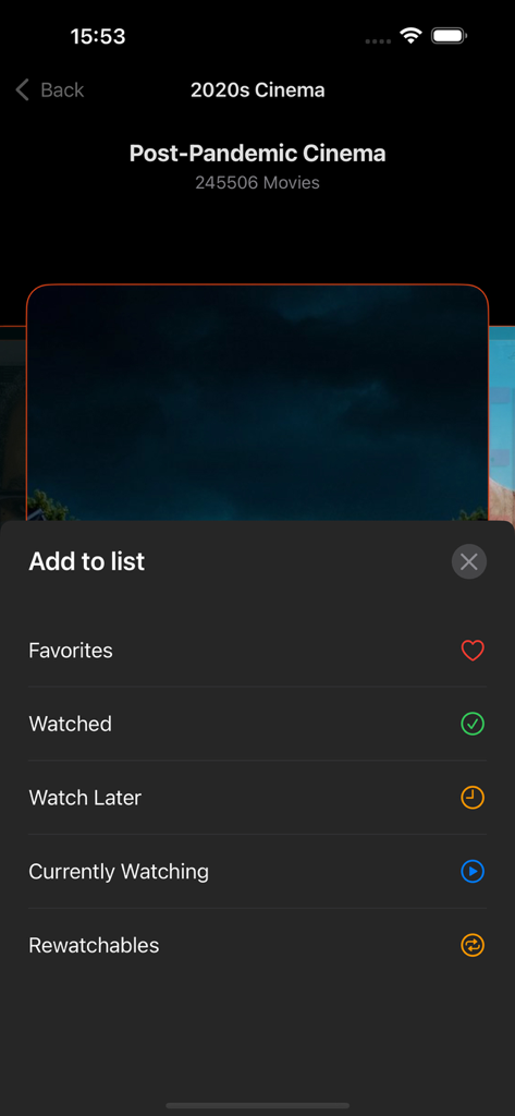 A menu interface in the My Magis app showing options to add films to Favorites, Watched, Watch Later, Currently Watching, and Rewatchables lists.