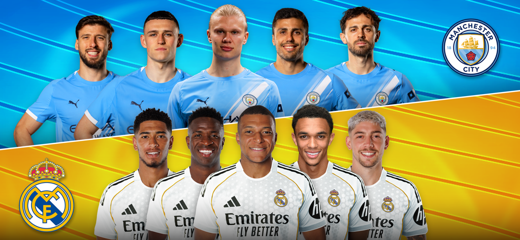Promotional image for Online Soccer Manager featuring players from Manchester City and Real Madrid clubs