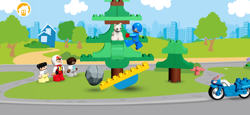 LEGO DUPLO Captain America figure rescuing a cat from a tree in a park