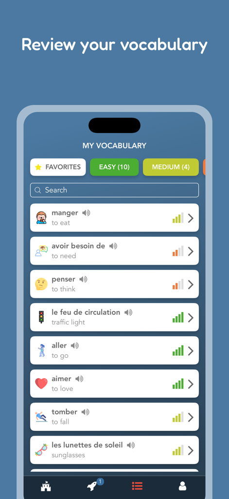 Tobo: Learn French Vocabulary - Review screen of Tobo French app showing a list of learned words with translations and pronunciation icons