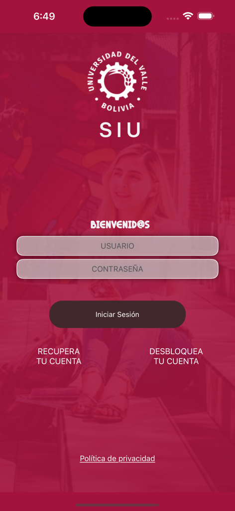SIU - Pantalla de inicio de sesión de la aplicación SIU Univalle Movil para la gestión académica estudiantil