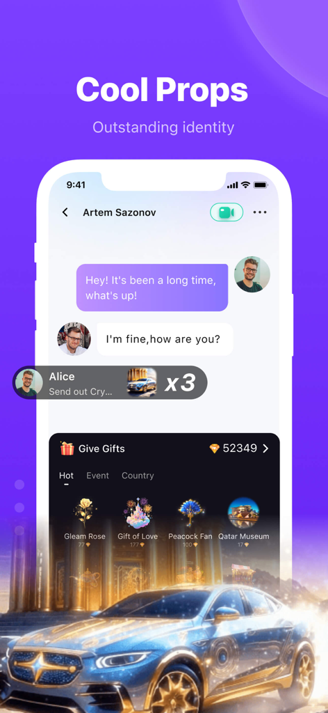 Heya app screenshot showing chat messages and virtual gifts feature