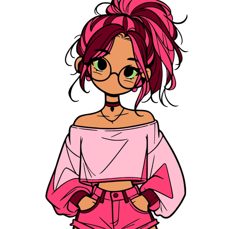 girl with a messy ponytail glasses a baggy crop top and jean shorts