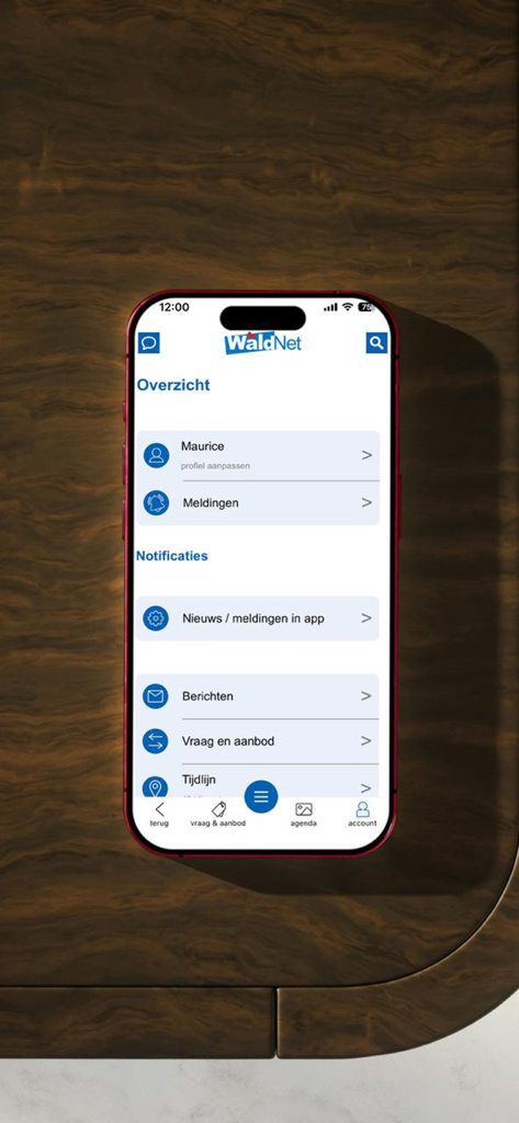 WâldNet - WaldNet mobile app account overview screen on iPhone showing user profile and notification settings