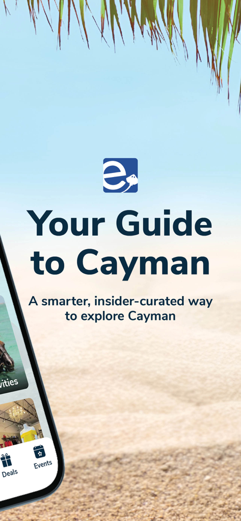 Explore Cayman - Explore Cayman travel guide app home screen with a tropical beach background
