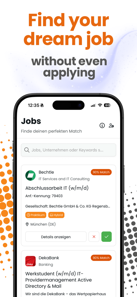 Studeez - Studeez mobile app screen showing a job matching interface with swipe buttons for student career discovery