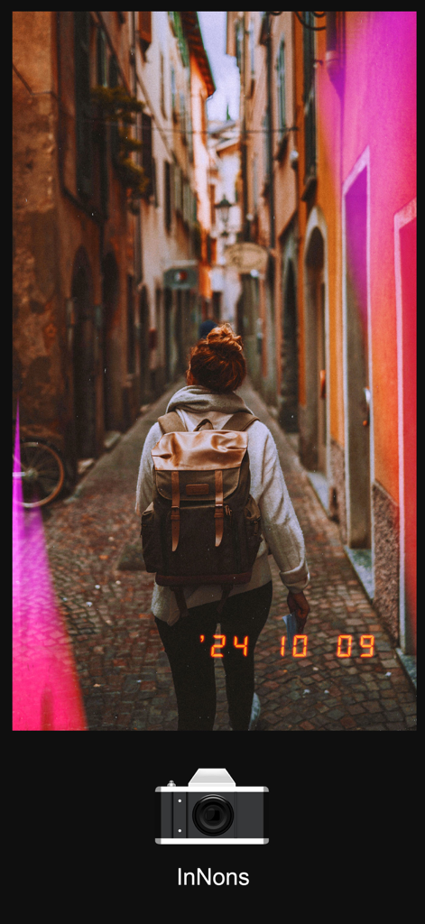 A travel photo with vintage film effects including pink light leaks and an orange date stamp