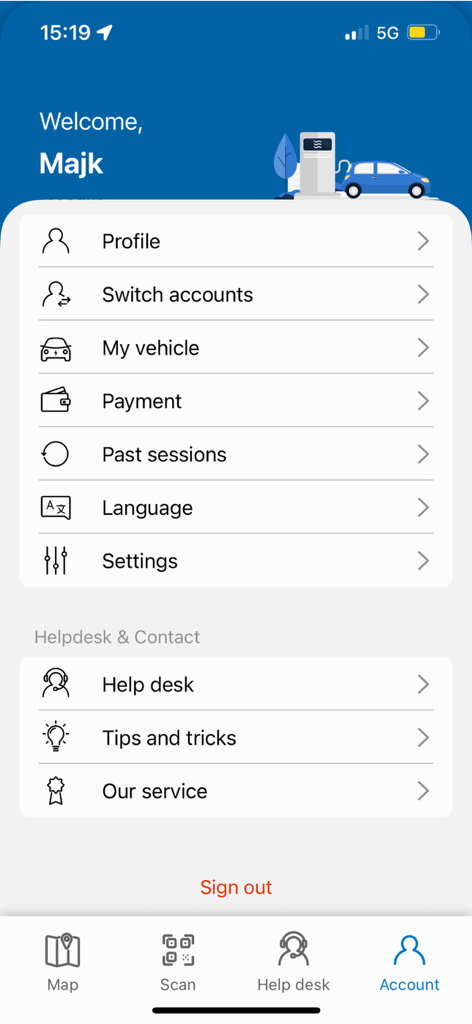 OneCharge SI電気自動車充電アプリのアカウント設定とユーザープロファイル画面