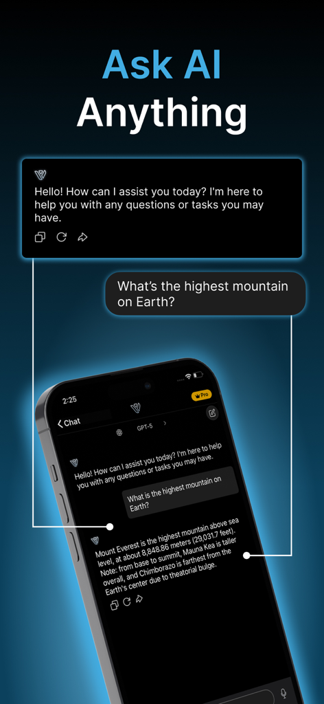 Pantalla de smartphone mostrando la interfaz de la aplicación Chatbot Asistente Vivana con una conversación de IA preguntando por la montaña más alta de la Tierra.