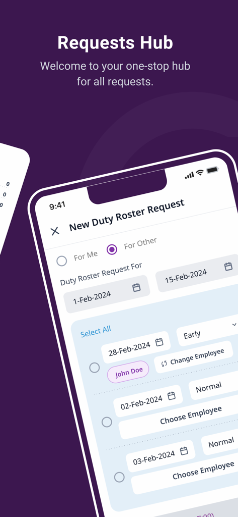 Interfaz de la aplicación móvil QHRM-V3 que muestra el Centro de Solicitudes y la gestión de la lista de turnos para los empleados.