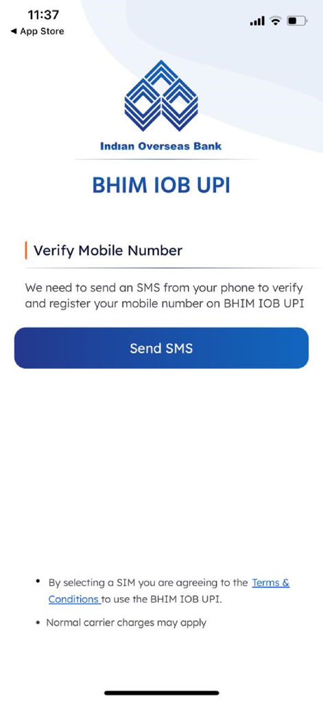 BHIM IOB UPI - Mobile number verification screen for BHIM IOB UPI app