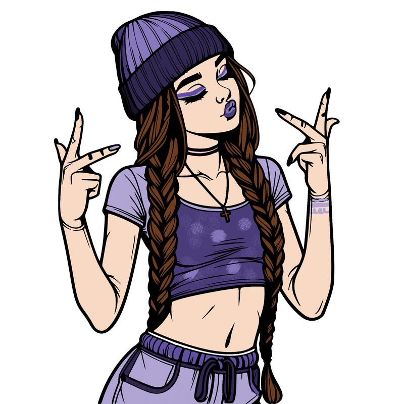 realistic teenage girl with braids and a beanie and crop top doing 🫶🏼