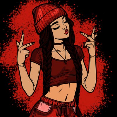 realistic teenage girl with braids and a beanie and crop top doing 🫶🏼