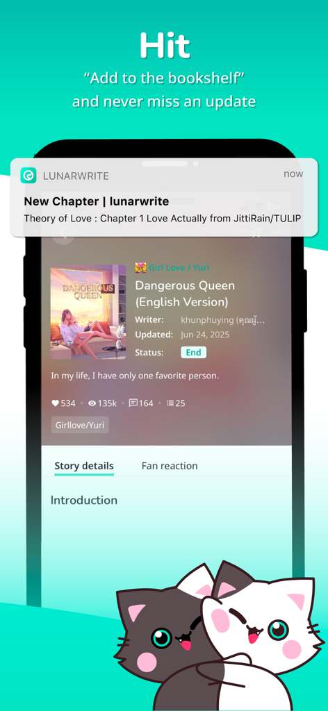Lunarwrite app screenshot showing a new chapter notification for a Girl Love novel and two cute illustrated cats.