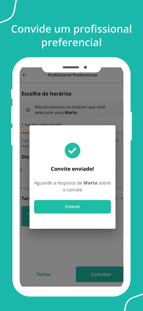 Écran de l'application Parafuzo montrant qu'une invitation réussie a été envoyée à un professionnel préféré.