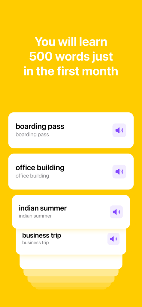 Excellent English - Excellent English app screen showing professional vocabulary cards and a promise to learn 500 words in the first month