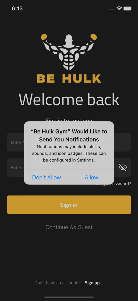 Be Hulk Gym - Be Hulk Gym app login screen with a notification permission request