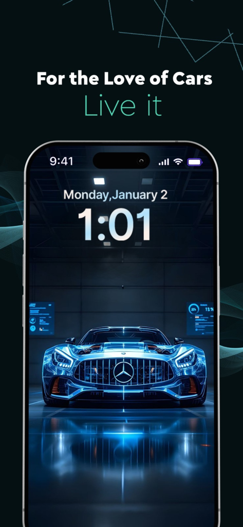 Un coche deportivo 4K animado futurista de color azul mostrado en la pantalla de bloqueo de un iPhone.