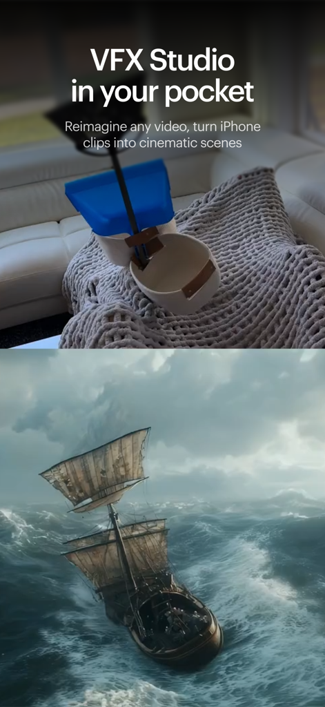 Confronto side-by-side che mostra una semplice configurazione domestica trasformata in una nave cinematografica generata da AI su un mare in tempesta