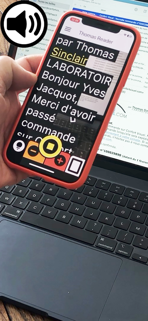 Thomas Reader - Thomas Reader app magnifying and reading text aloud from a laptop screen