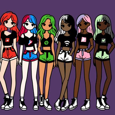 a group of girls wearing crop tops and shorts