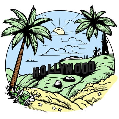 realistic pretty hollywood sign on mountain with palm trees