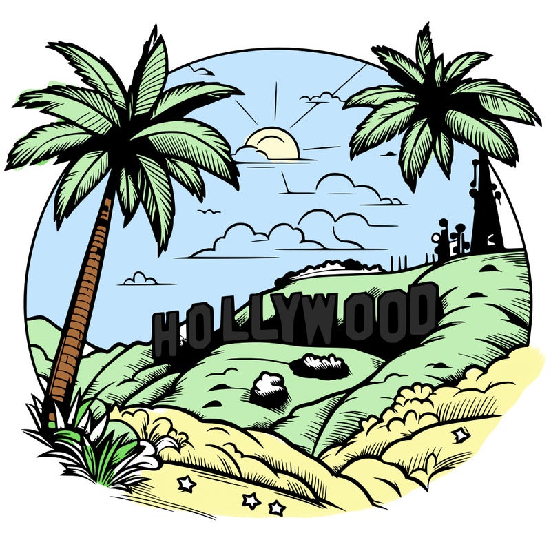 realistic pretty hollywood sign on mountain with palm trees