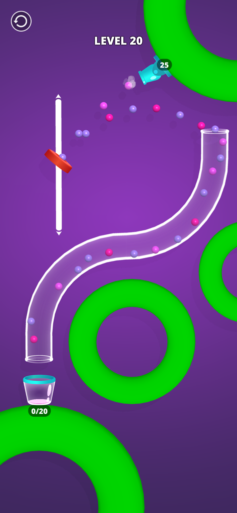 Cannon Shot! - Level 20 gameplay of Cannon Shot showing a cannon shooting colored balls through a tube into a bucket