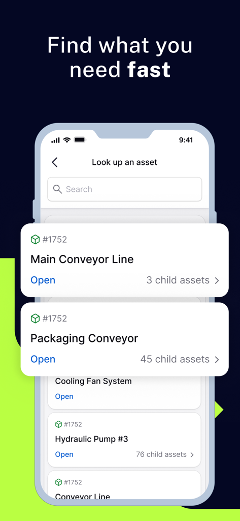 Limble - Interfaz de la aplicación Limble mostrando la pantalla de búsqueda de activos con una lista de equipos industriales que incluyen cintas transportadoras y bombas.