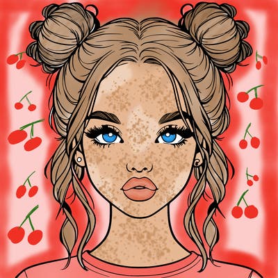 realistic girl with two buns in hair and lips