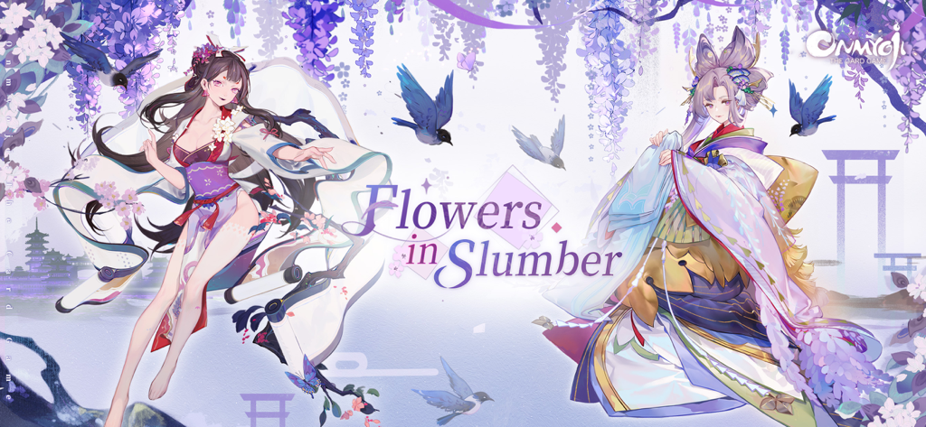 Ilustración promocional para Onmyoji The Card Game con dos personajes estilizados y el texto Flowers in Slumber
