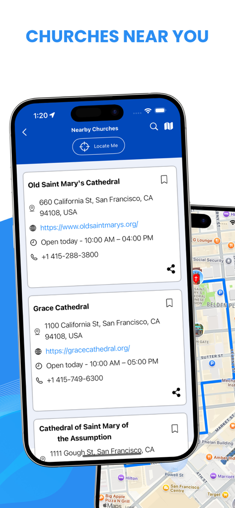 Amplified Bible - Captura de pantalla de la aplicación Biblia Amplificada mostrando una lista de iglesias cercanas en San Francisco con detalles de contacto y vista de mapa.