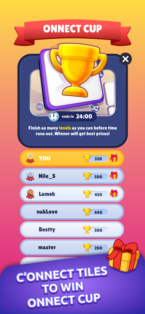 Onnect – Pair Matching Puzzle - Leaderboard screen for the Onnect Cup showing player rankings and a golden trophy