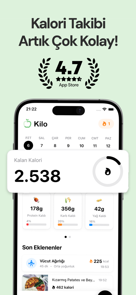 Kilo - AI Calorie Tracking - Panel de la aplicación de rastreo de calorías por IA de Kilo mostrando objetivos diarios y datos nutricionales en la pantalla de un iPhone